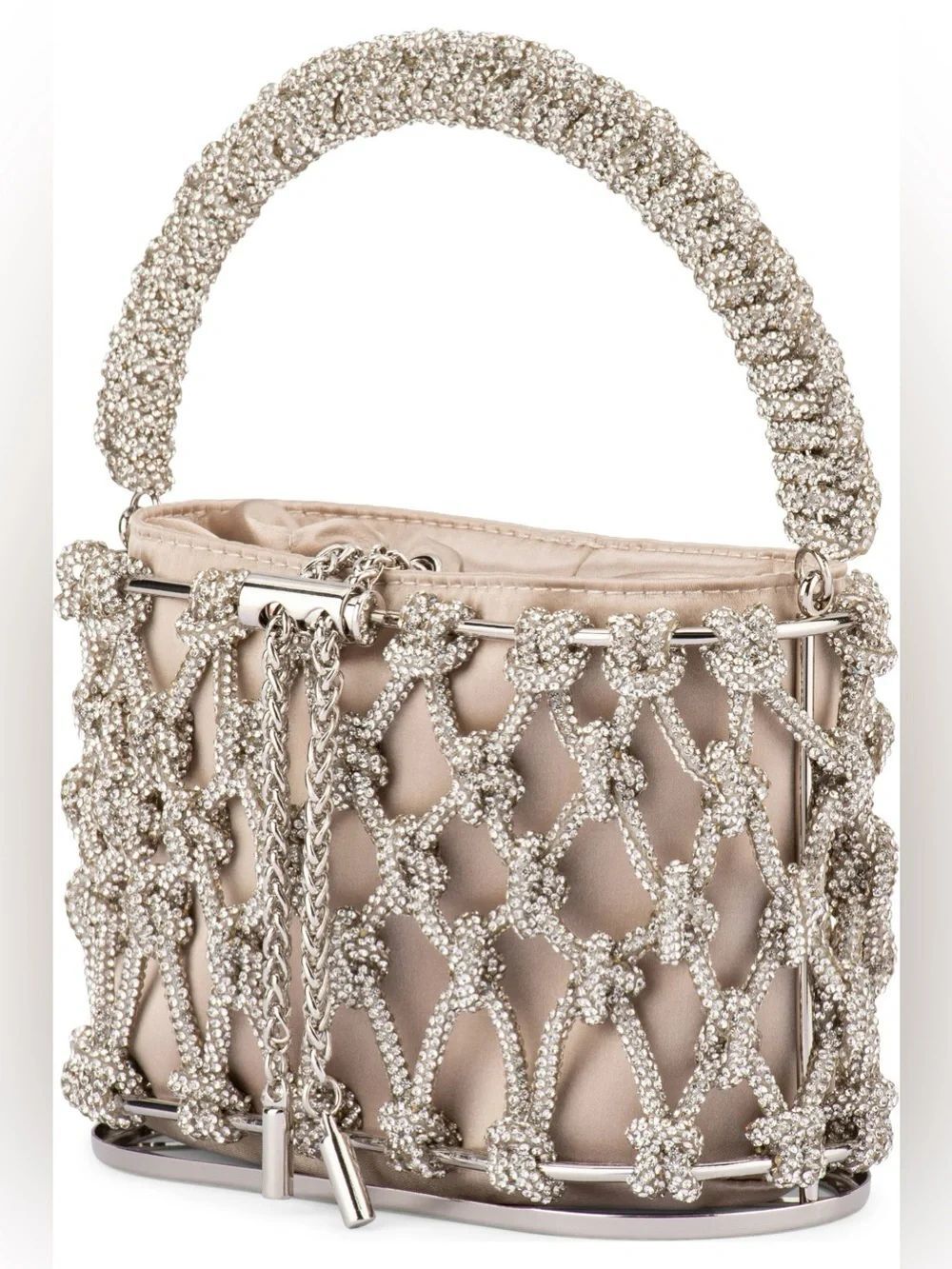 Olga Berg Amelia Crystal Cage Top Handle Silver Crystal Mesh Mini Bag
